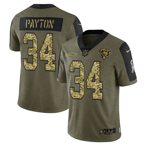 Men's Chicago Bears #34 Walter Payton 2021 Olive Camo Salute To Service Limited Stitched Jersey